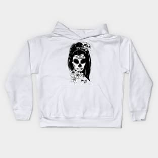 Princess catrina in black and white with flowers and text with a gloomy effect. Gloomy skulls. Kids Hoodie